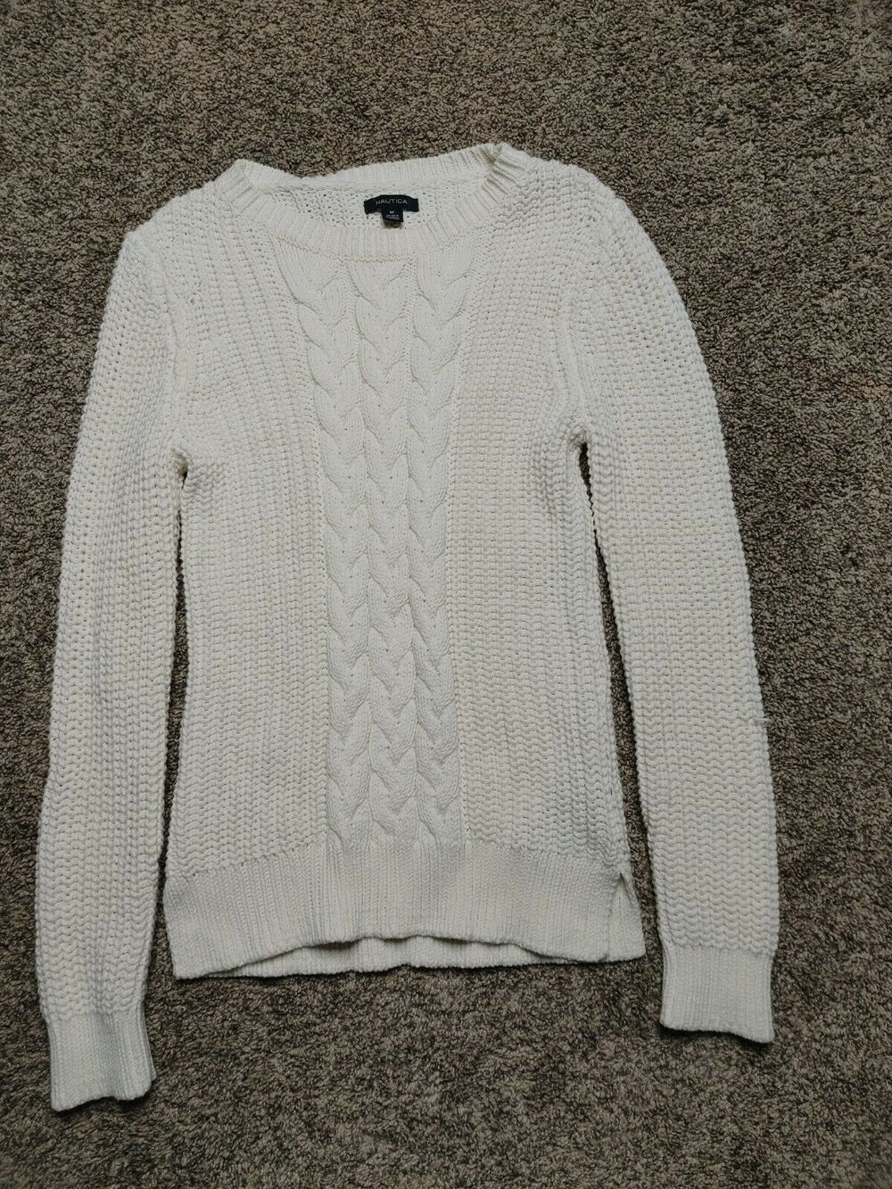 Nautica Womens Size Medium Cable Knit Sweater Cream Off White Long Sleeve
